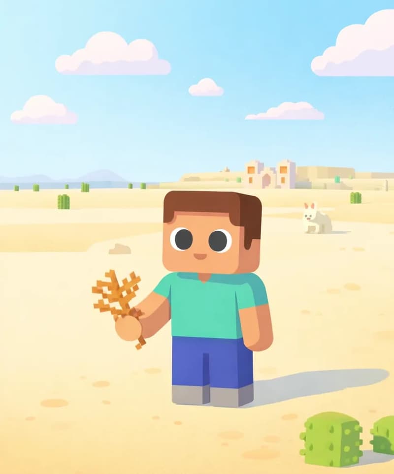 On the right side of the image, a lone, blocky Minecraft-style figure stands motionless in a vast, flat desert landscape under a bright midday sky with pink-tinged clouds. The figure has a neutral expression and is standing perfectly still, holding dried wheat or dead bush in one hand. Scattered cacti and sandy dunes stretch across the background, with a distant desert temple barely visible on the horizon. A small white rabbit is faintly visible in the far background on the right side. The left side is left as open desert sky with a semi-transparent text overlay area.
