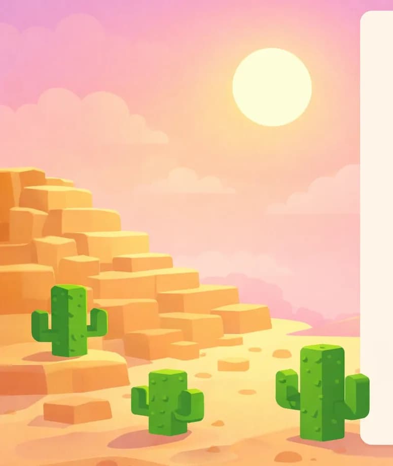 A hot, sun-drenched desert landscape in a Minecraft-style blocky art style. The scene is set outdoors during daytime with a blazing sun high in a hazy pink-purple sky, conveying intense heat. Sandy, terraced hills rise on the right side, with scattered green cacti dotting the flat desert floor along the bottom. A text overlay panel occupies the left portion of the image. No characters are visible in the scene.