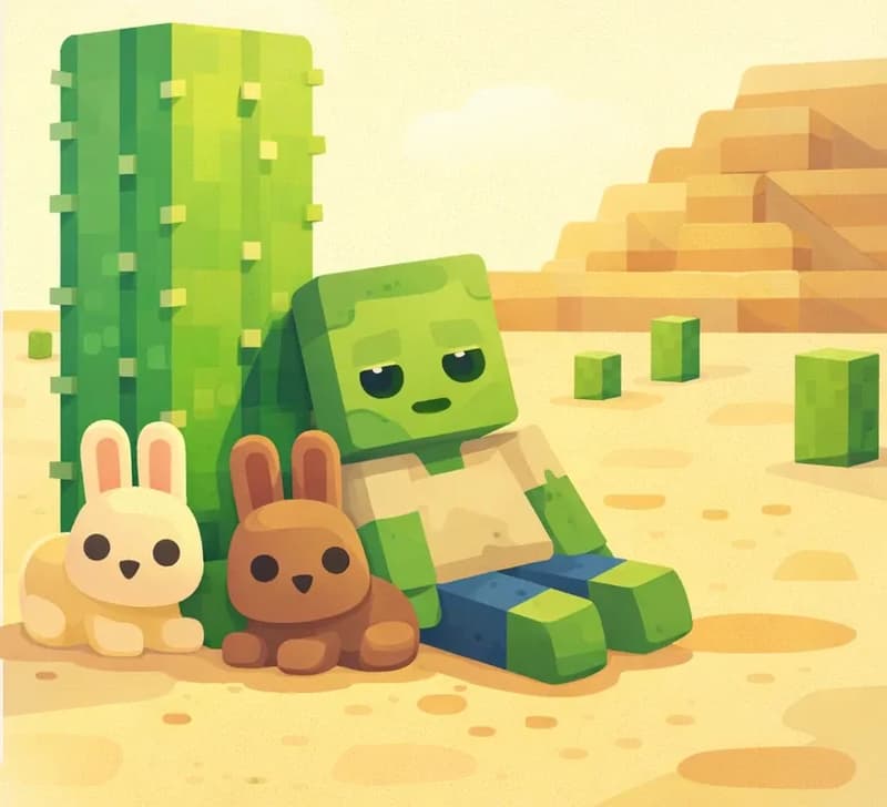 On the right side of the image, two or three blocky Minecraft-style desert animals — such as rabbits and a husk — rest in the shade of a tall cactus in a sandy desert biome, their bodies low to the ground as if conserving energy. The outdoor scene features sandy terrain, scattered small cacti, and a stepped sandstone hill in the background under a hazy, sunlit sky. The left side is a plain light-colored text overlay area.