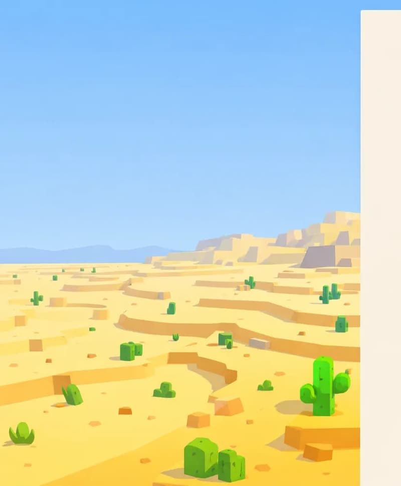 A vast, open desert landscape stretches across the left side of the image, with bright sandy terrain extending to distant mountains under a completely clear blue sky with no clouds at all — just hazy dust and bright sunlight. The scene is rendered in a blocky, Minecraft-style aesthetic with sparse desert vegetation and cacti dotting the sandy expanse. The right side of the image is occupied by a faded text overlay area. No characters are visible in the scene.