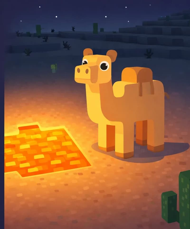 On the right side of the image, a desert landscape at nighttime is illuminated by a pool of glowing orange lava on the sandy ground, casting warm light against the dark blue night sky. A tall, blocky Minecraft-style camel stands close to the lava pool, its large frame silhouetted against the glow. The background shows a flat desert terrain with scattered cacti and distant sandy hills under a dusky sky. A green Minecraft creeper lurks faintly in the far background. The left side is a plain dark-toned text overlay area.