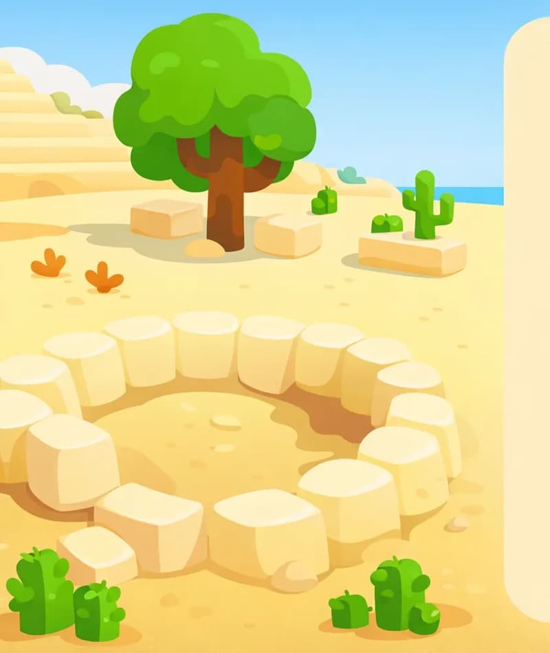 On the left side of the image, a sandy desert landscape reveals a shallow pit surrounded by pale stone blocks, with a tall tree providing cool shade and scattered desert vegetation visible in the background under a clear blue sky. The scene highlights the hidden, surprising features of the desert — grand stone formations, greenery, and shelter amid the sand. The right side of the image is a plain sandy-toned background reserved for text overlay. No characters are visible in the scene.