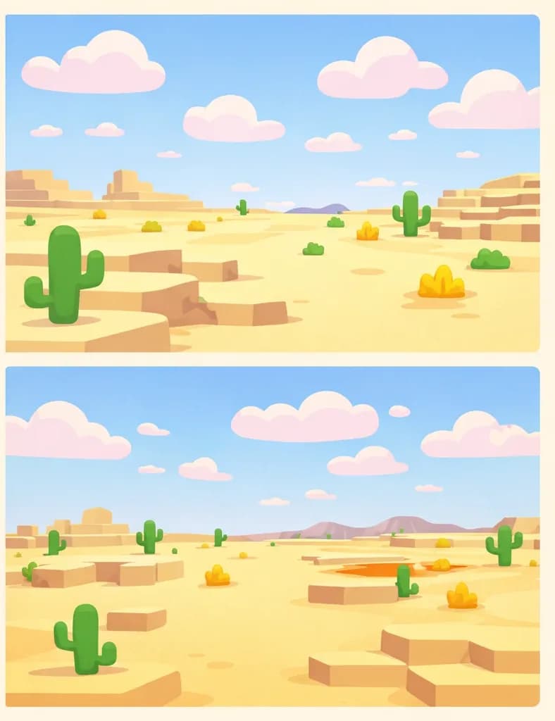 A vast, flat desert landscape stretches across the right side of the image in a Minecraft-style blocky art style, shown in two panel views. The scene is set outdoors under a bright blue sky with soft pink-tinged clouds. Sandy terrain with stepped block formations, scattered cacti, and sparse dry shrubs extends to the horizon, with distant blocky structures and hills visible in the background. The left side is a plain, faded sandy-colored area suitable for text overlay, with faint desert details showing through. No characters are visible in the image.