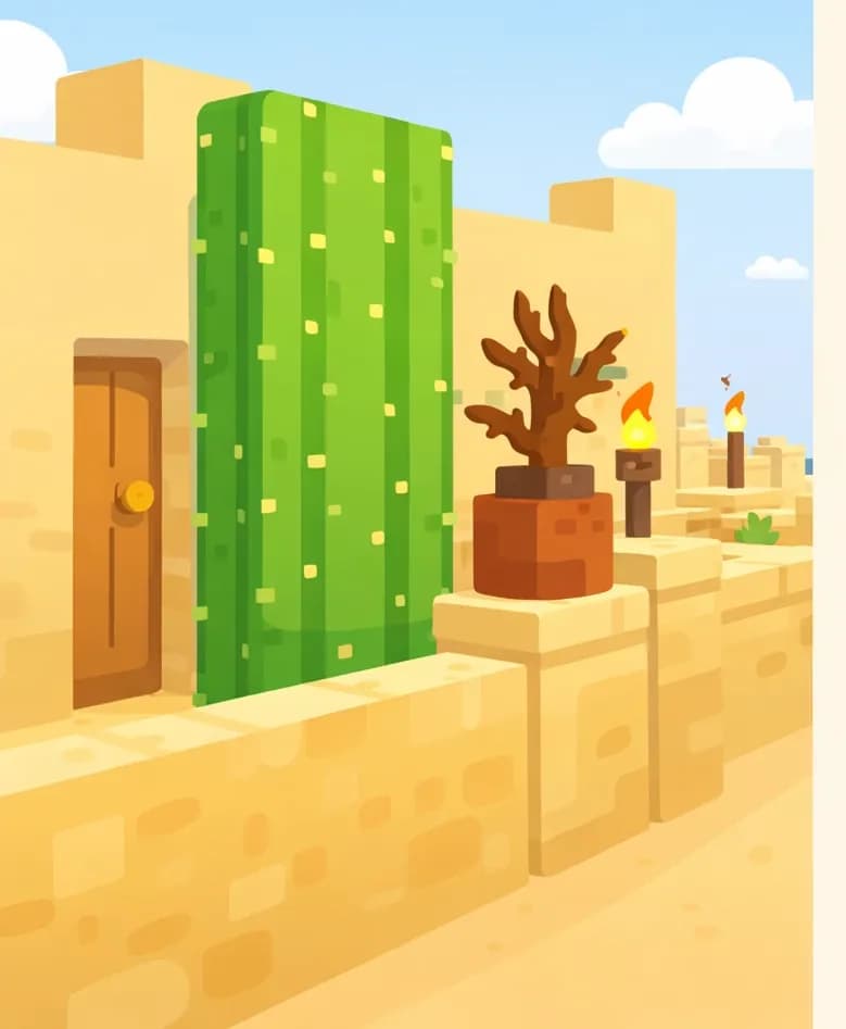 On the left side of the image, a Minecraft-style desert village scene shows sandy-colored block buildings with a wooden door, tall green cacti growing beside the structures, and glowing torches mounted on the walls. A small brown decorative pot or structure sits atop a low sandstone wall. The scene is set outdoors during daytime under a partly cloudy blue sky, with additional village buildings visible fading into the distance. The right side is left as open, pale background space for text overlay. No characters are visible in the image.