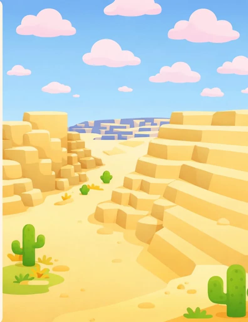 On the right side of the image, a vast desert landscape stretches out under a bright daytime sky with scattered pink-tinged clouds. Sandy dunes and eroded stone formations dominate the right half, with layered sandstone steps and rocky outcrops showing the encroachment of arid terrain. Small patches of dry grass and a few green cacti cling to the edges of the sand, suggesting the boundary where vegetation gives way to desert. The left side is a plain, faded background suitable for text overlay. No characters are present in the scene.