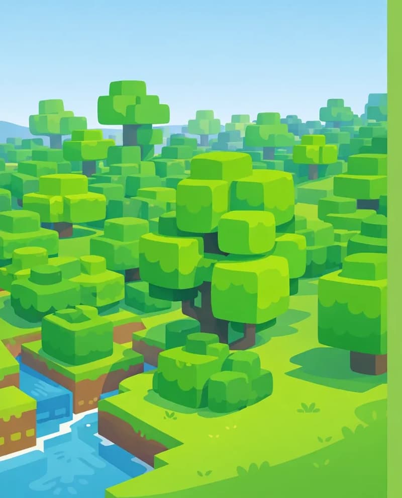 On the left side of the image, a dense Minecraft-style forest stretches across the landscape under a pale blue daytime sky, with blocky green trees of varying heights clustered together on rolling green terrain. A small creek cuts deep through the land in the bottom-left corner. The right ~40% of the image is a semi-transparent green overlay providing a plain area for text. No characters are present in the scene.