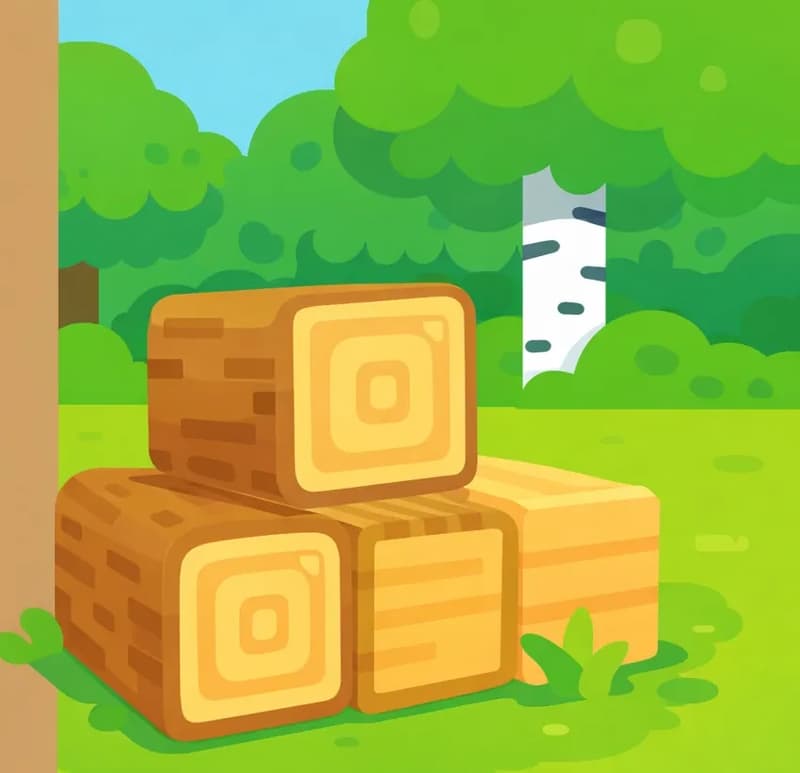 On the right side of the image, a stack of freshly cut wood blocks sits on a grassy field in a Minecraft-style scene, with oak log blocks and stripped wood planks piled together. The outdoor daytime setting features green grass, birch trees, and leafy foliage in the background. The left side is a plain tan/brown overlay reserved for text. No characters are present in the scene.