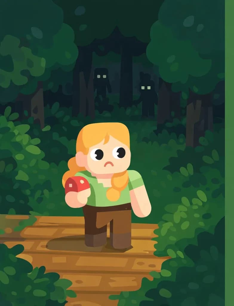 On the left side of the image, a Minecraft-style character stands on a wooden path in a dense forest, looking alert with a cautious expression and holding an item in one hand. Dense green trees and leafy foliage surround the area, creating a shadowy forest environment where visibility is limited. Faint dark shapes lurk among the trees in the background, hinting at mobs hiding in the shade. The right side of the image is plain green background reserved for text overlay.