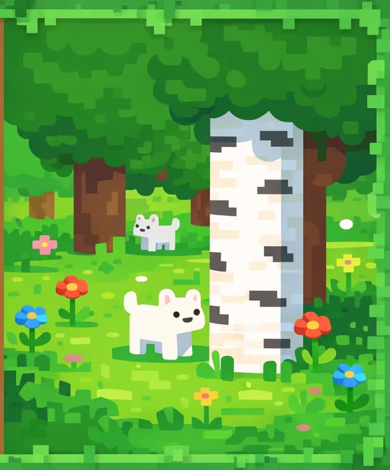 An outdoor forest scene rendered in a Minecraft-style blocky aesthetic. On the right side of the image, a prominent white birch tree trunk with dark markings stands in the foreground, flanked by a large dark-green oak tree to its right and another oak visible in the background. Colorful flowers dot the ground among green grass and tall grass tufts. Two small white animals roam freely on the grass — one near the base of the birch tree and one further back near the oak tree. The left side is a plain brown/tan background area suitable for text overlay, framed by a green leafy border around the entire image.