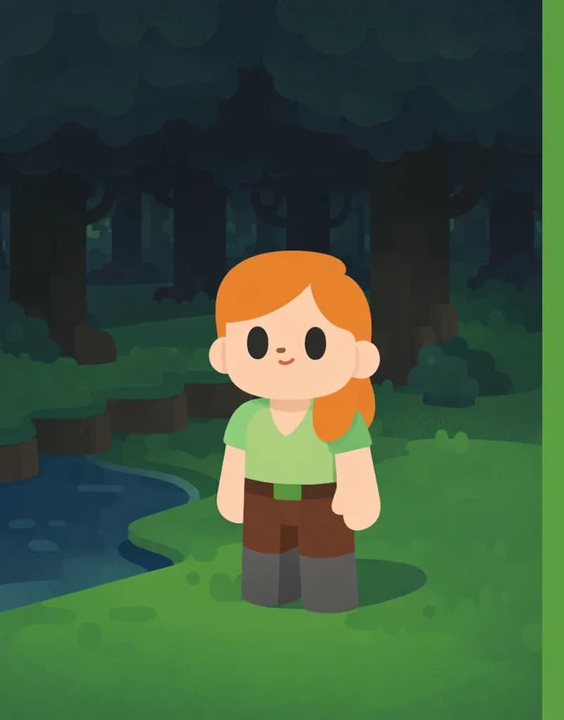 On the left side of the image, a dense dark oak forest stretches across the scene, with tall dark oak trees forming a thick canopy overhead that blocks out nearly all light, making the forest floor feel almost like nighttime. Green grass blocks cover the ground, and a small pond is visible to the lower left. The right side of the image is a plain green overlay, clear for text placement.