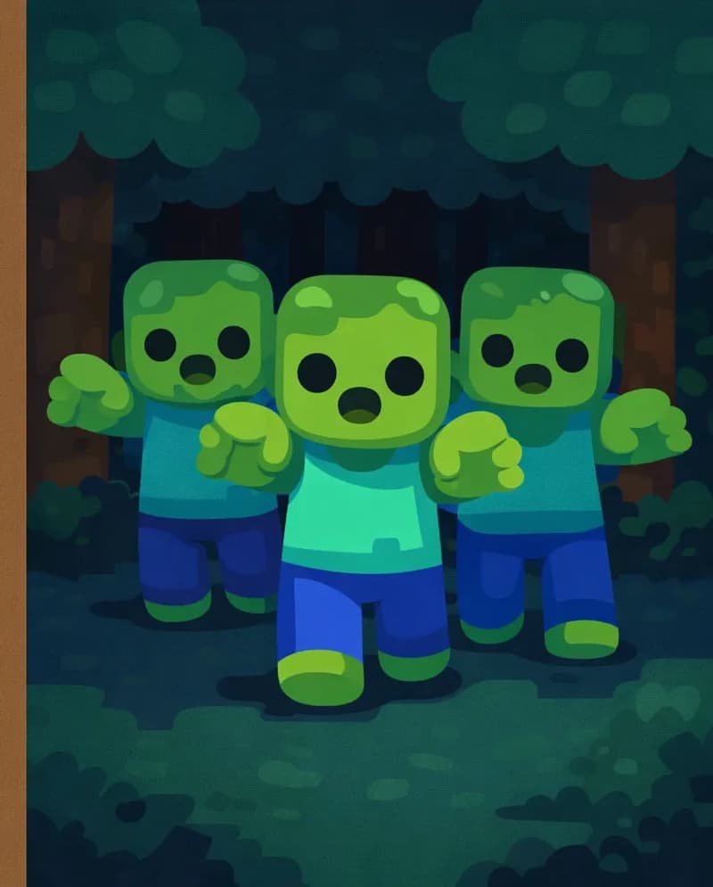 On the right side of the image, three Minecraft zombies with green skin, teal shirts, and blue pants lumber through a dark forest, facing the viewer with menacing blank expressions and arms outstretched wide. They are surrounded by blocky tree trunks and dense leaf canopy overhead, with dim lighting conveying the darkness of the woods at night. The left side of the image is a plain brownish overlay, left clear for text placement.