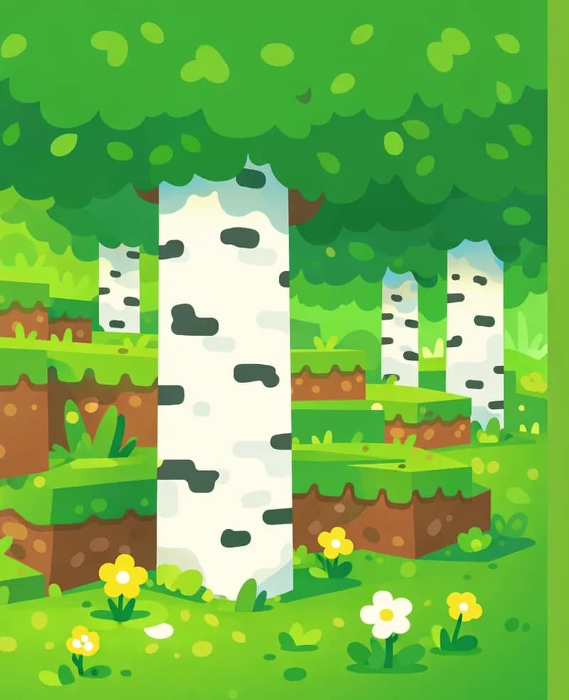 On the left side of the image, a Minecraft-style forest scene shows white birch tree trunks standing among green grass blocks and dirt, with a leafy canopy overhead. Seeds, small flowers, and grass patches are scattered on the ground around the birch trees, and the scene is lit with bright daytime lighting. The right ~40% of the image is a plain green background, clear of detail and suitable for text overlay. No characters are present — it is a landscape scene only.