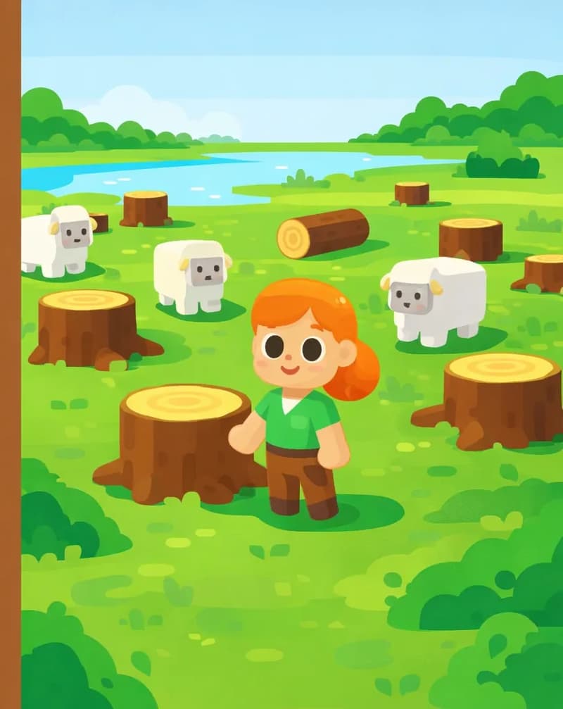 On the right side of the image, a deforested clearing shows tree stumps and felled logs scattered across a green grassy field under a clear blue sky. In the foreground, a friendly blocky girl with orange hair in a ponytail, wearing a green shirt and brown pants, stands beside a large tree stump, smiling. Several blocky white sheep graze among the stumps on the green ground. In the background, a small blue pond and patches of remaining greenery and bushes are visible, contrasting with the barren stumps — emphasizing the environmental message about not cutting down too many trees. The left side is a solid brown overlay, left clear for text.