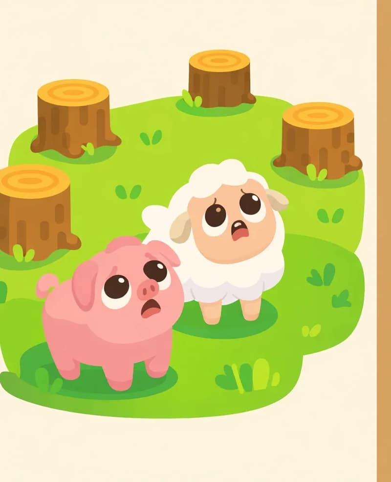 On the left side of the image, a pink pig and a white sheep stand on a grassy outdoor area surrounded by freshly cut tree stumps, looking upward with worried, lost expressions as their forest home has been cleared. The right ~40% of the image is a plain brown/tan background area left open for text overlay.
