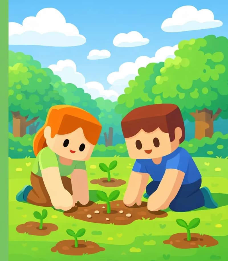 On the right side of the image, two blocky Minecraft-style characters kneel on a grassy area with patches of dirt, actively planting seeds in the ground. Small green saplings and bright green shoots sprout upward around them, reaching toward the blue sky with clouds above. Behind them, taller leafy green trees form a regrowing forest on a bright day. The left side of the image is a plain green overlay, leaving the characters and scenery grouped to the right.