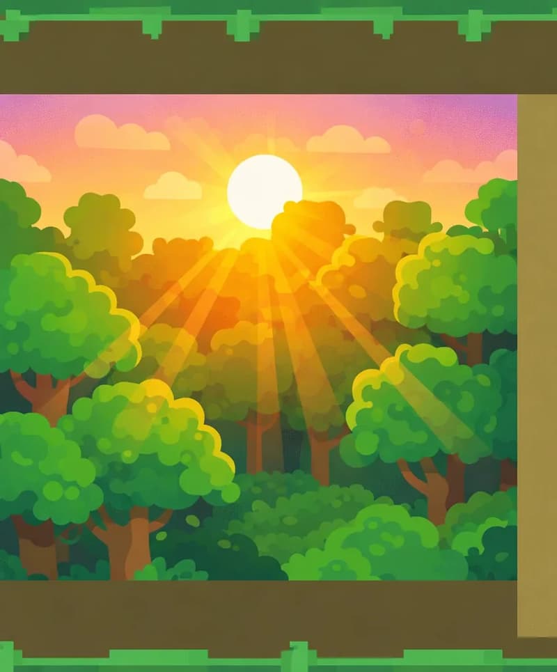On the left side of the image, a dense forest of tall trees with lush green canopies stretches across the scene, bathed in warm golden-orange sunset light with sun rays streaming through the treetops. The setting is an outdoor forest landscape at golden hour, with the sun low on the horizon casting long beams of light and a soft pink-purple sky above. The right side of the image is a plain muted olive-brown background area, clear for text overlay. The image has a green decorative border framing the scene. No characters are visible — it is a landscape scene depicting a thriving, healthy forest.