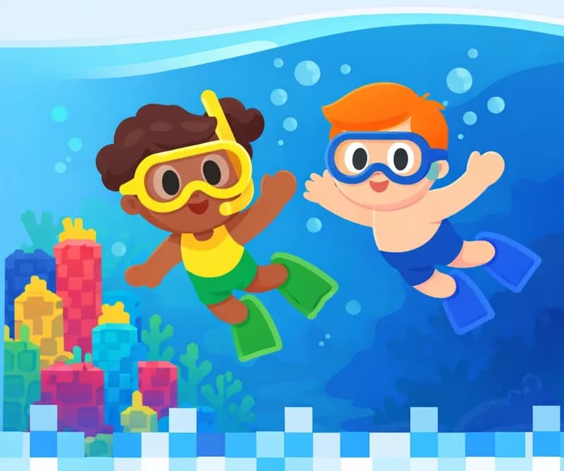 A vast Minecraft ocean biome scene shown in a split cross-section view, with a pale sky and pink-tinged clouds in the upper right above the waterline and bright blue water below. The left half of the underwater area is open, lighter blue water, while the water deepens to darker blue toward the right edge. In the center, colorful blocky coral formations — pink, red, teal, and yellow — rise from the ocean floor along with kelp and sea plants. Two cheerful snorkeling children swim just right of center among rising bubbles: a dark-skinned child with curly brown hair wearing a yellow mask and snorkel, yellow top, green shorts, and green flippers, and a light-skinned child with orange hair wearing a blue mask, blue shorts, and blue flippers, one arm outstretched. A pixelated wave border runs along the bottom edge of the image.