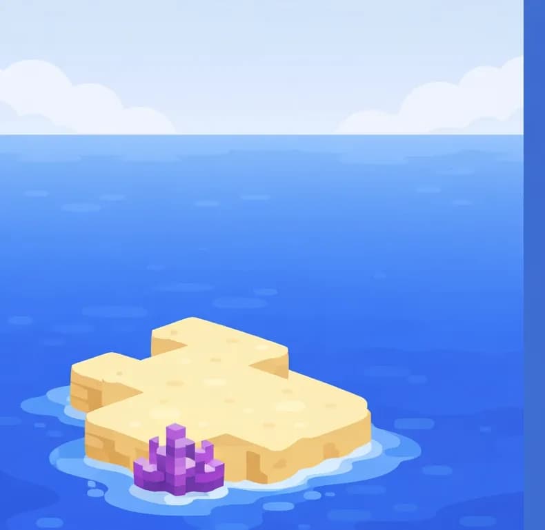 A small sandy Minecraft-style island surrounded by vast ocean water, viewed from a slight distance to emphasize isolation. The island juts up from the deep blue sea with just a seam of beach and sand visible. Misty, overcast skies stretch across the background, creating a sense of scale. A small purple coral or crystal formation is visible in the bottom-left corner near the water's edge. The right side of the image is dominated by a large expanse of deep blue ocean, providing clear space for text overlay. No characters are present in the scene.