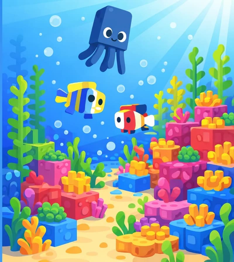 An underwater ocean scene in Minecraft style, with kelp forests and bubbles visible in the deep blue water on the left side. On the right side of the image, colorful coral reefs and seagrass cover the sandy ocean floor. Small blocky tropical fish weave between the coral formations, and a squid drifts in the mid-water. The scene is bright and sunlit from above, with vibrant coral reefs and aquatic vegetation filling the frame, depicting a warm sea teeming with life.