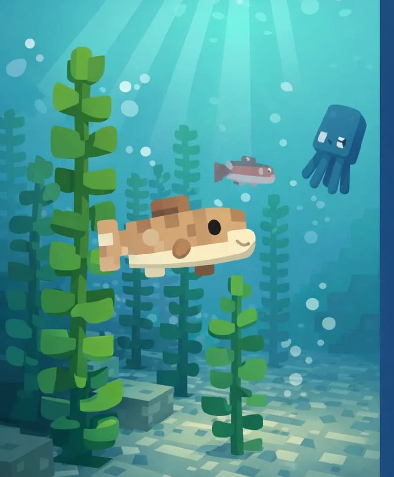 An underwater scene in a Minecraft cold ocean biome, viewed from beneath the surface on the left side of the image. Tall green kelp plants rise from a sea bed of gravel and dirt on the left, with a cod fish swimming among the kelp fronds and a salmon visible further back in the murky water. A squid drifts in the mid-distance. The water is a cool blue-green with dim light filtering down from the surface above, creating a bleak, cold atmosphere. The right side of the image is covered by a plain dark blue overlay panel for text placement.