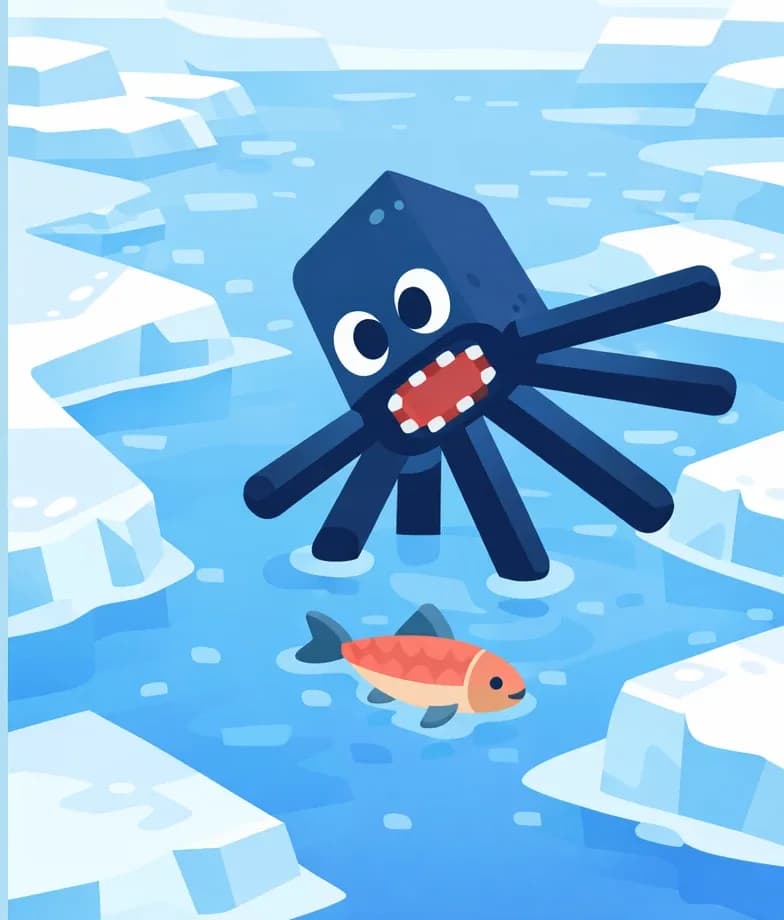A frozen ocean scene rendered in a Minecraft-style blocky aesthetic, with large angular chunks of blue-white ice scattered across the landscape. On the right side of the image, a squid with dark tentacles floats near the icy water's surface, while a small salmon swims just beneath it. The environment is bright and cold, with pale icy terrain and frozen water stretching into the distance, conveying a bleak, dead-cold atmosphere where not much can survive.