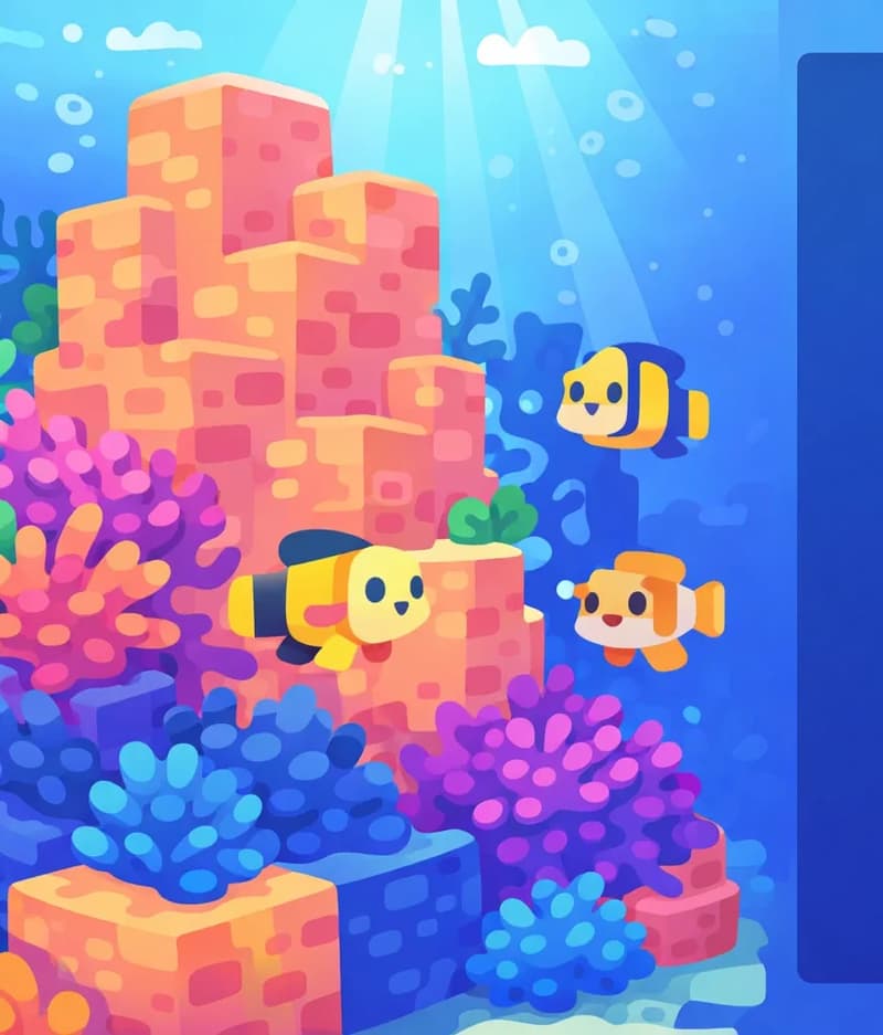 A vibrant underwater coral reef scene rendered in a Minecraft-style blocky aesthetic. On the left side, large peach and pink coral structures rise up in great heaps, surrounded by clusters of blue and purple coral formations at the base. Small blocky tropical fish weave past each clean, bright mound of coral. The scene is set in a shallow, sunlit ocean with a bright sky visible above the waterline in the background. The right side of the image is occupied by a dark blue translucent text overlay panel.