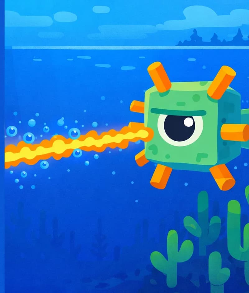 An underwater ocean scene in Minecraft style, with deep blue water filling the frame. On the right side, a Guardian mob floats menacingly, its single large eye visible and orange spikes extended outward as it fires an orange laser beam across the scene. The Guardian looks threatening and powerful as it patrols the deep. Seagrass and kelp rise from the ocean floor, and a distant treeline is visible above the waterline in the background.