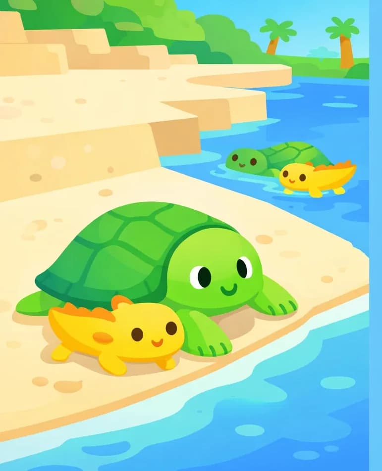 On the left side of the image, a green Minecraft-style turtle crawls out of the water onto a sandy beach, with a small yellow axolotl beside it on the sand. Both creatures appear calm and relaxed as they rest at the water's edge on the warm sand. In the background on the right, partially submerged in blue water, another turtle and axolotl can be seen swimming. The scene is set outdoors on a bright, sunny day along a sandy shoreline with stone and greenery in the background.
