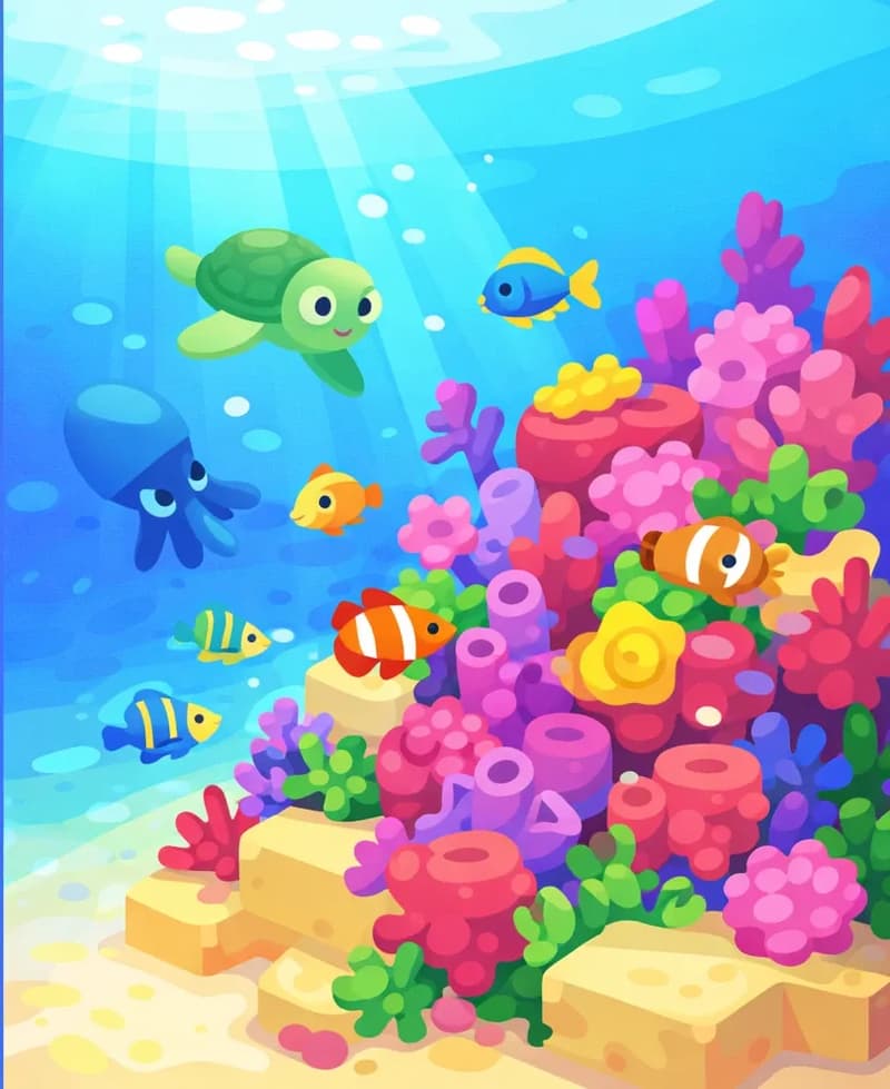 A vibrant underwater ocean scene viewed from above, with the right side showing a colorful coral reef teeming with bright pink, red, and purple corals growing on sandy blocks, while the left side shows the deeper open ocean in calm blue tones. Various sea creatures — small tropical fish, a squid, and a turtle — can be seen swimming among the coral on the right side of the image, depicting a reef that teems with life. The scene is set in clear, sunlit shallow waters with light filtering down from the surface.