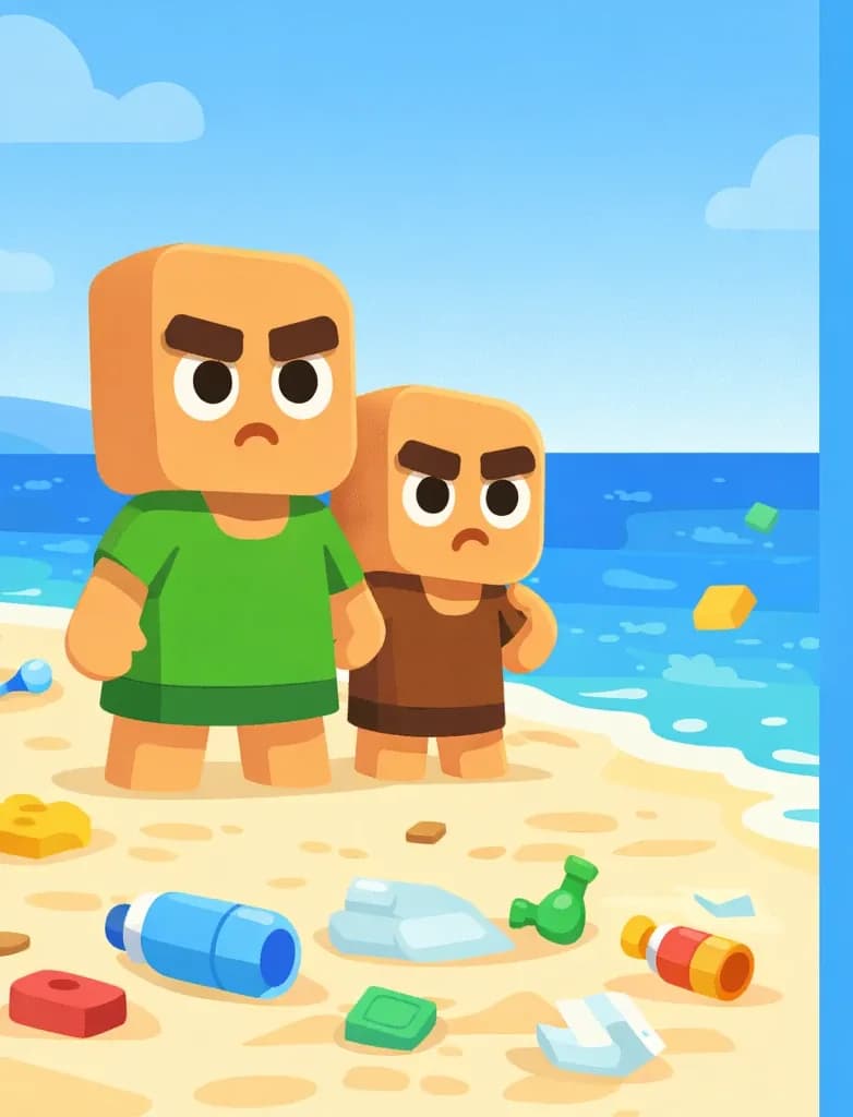 On the left side of the image, two Minecraft-style villager characters stand on a sandy beach looking out toward the ocean with concerned, determined expressions. They face the viewer at a three-quarter angle. One is taller and the other shorter, both standing together. They face a large body of blue ocean water that fills the right portion of the scene. The beach setting is bright and sunny with a clear sky, and scattered trash and litter — plastic blocks, discarded items — can be seen spread on the sand at their feet, reinforcing the theme of ocean pollution and the need to keep seas clean.