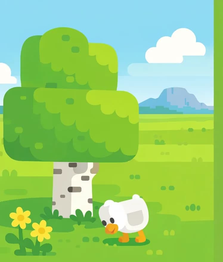 A Minecraft plains biome landscape stretches across the scene, with a large birch tree on the left side and wide, flat grassland extending into the distance under a blue sky with scattered clouds. A low hill or mountain is visible in the far background. Small yellow flowers dot the bottom-left corner of the frame. A small chicken (Minecraft mob) pecks at the ground near the base of the birch tree on the left side of the image.