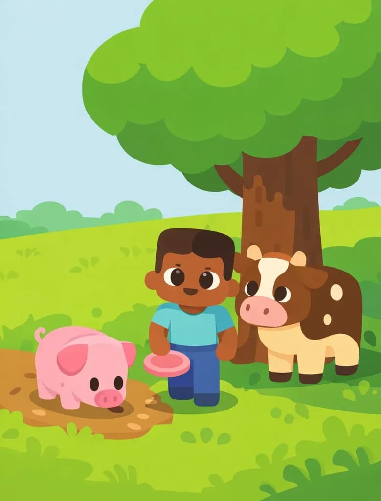 A Minecraft-style scene set in a sunny plains biome. In the center, a blocky human child with dark skin, short dark hair, a teal shirt, and blue pants stands facing forward, holding a round pink object in one hand. To the left of the child, a pink pig stands on a patch of bare dirt, snout lowered as it sniffs the ground. To the right, a brown-and-white cow stands beneath a large tree with a green leaf canopy, resting in the cool shade. The grassy landscape stretches out with small bushes and tufts of grass under a clear blue sky. The scene occupies the right half of the image; the left half is a solid warm yellow panel for text.