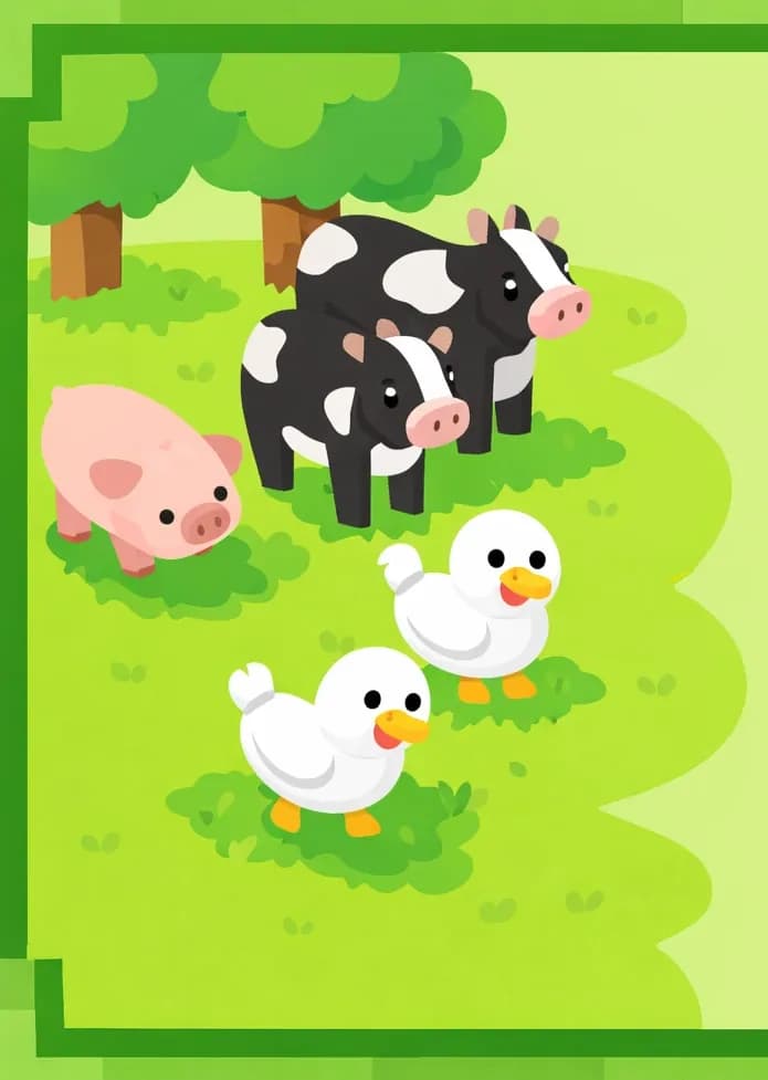 On the left side of the image, a group of Minecraft-style farm animals stands on a bright green grassy plain in daylight. Two black-and-white cows stand near some trees in the upper left, while two white chickens peck at the ground in the center-left area. A pink pig grazes on the grass at the far left. The right side of the image is open green grass with no characters or objects, framed by a green decorative border. A small yellow flower sits in the bottom-right corner of the frame.