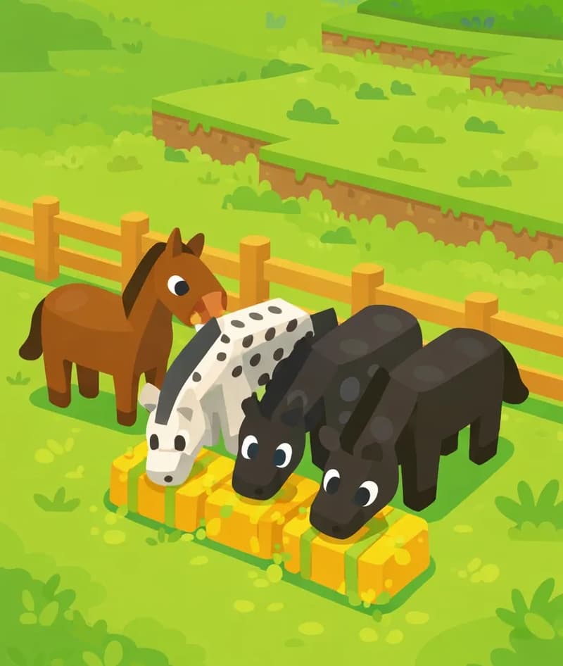 On the right side of the image, a group of Minecraft horses — brown, white with black spots, and dark black — stand together on a grassy plains biome near a wooden fence, some lowering their heads to graze on hay bales placed along the fence line. The left side is open green plains, providing clear space for text. The scene is set outdoors in bright daylight with rolling green grass, patches of dirt, and scattered vegetation in the background. A small chicken appears in the bottom-left corner of the frame.