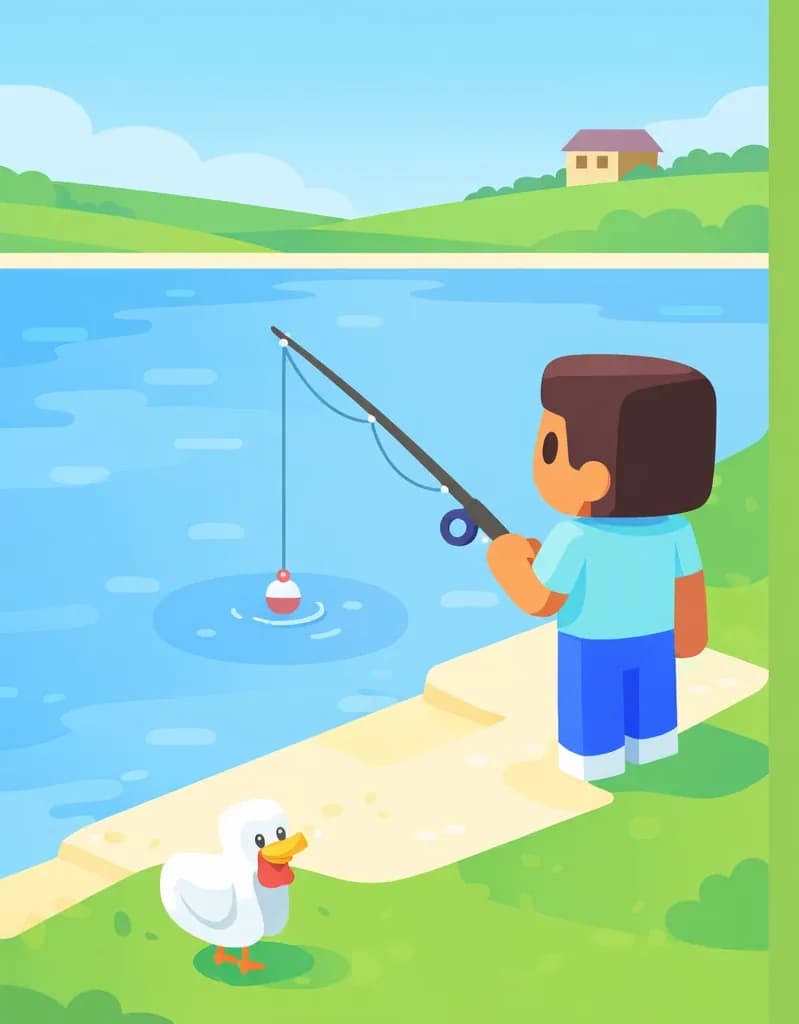 A Minecraft-style character stands on the left side of the image at the edge of a lake, shown at a three-quarter angle while holding a fishing rod with the line cast into the water. The character stands upright in a relaxed fishing pose. The scene is set outdoors on a bright day beside a calm blue lake, with gently rolling grassy plains and a building visible in the background. The right side of the image is open grassy plain with no characters or detail. A chicken is visible in the bottom-left corner of the image.
