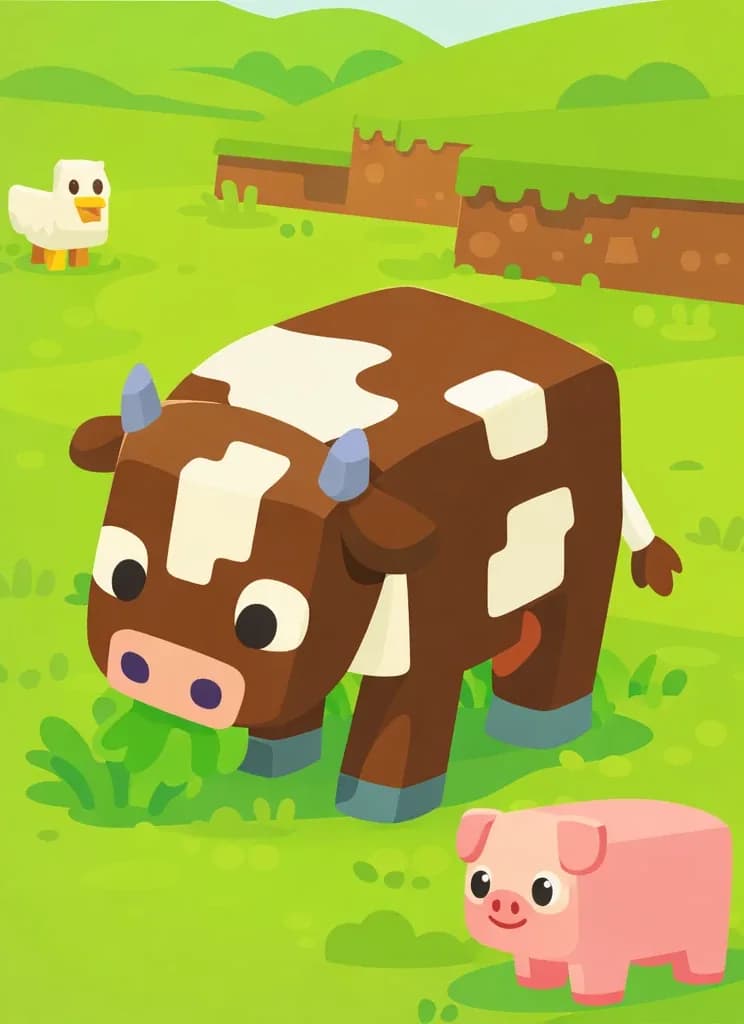 On the right side of the image, a Minecraft cow stands on a grassy plains biome, head lowered as it peacefully grazes on the grass. The scene is set outdoors in bright daylight with rolling green terrain and patches of dirt visible in the background. A chicken can be seen further back in the middle of the scene, and a pink pig stands near the bottom-right corner of the frame.