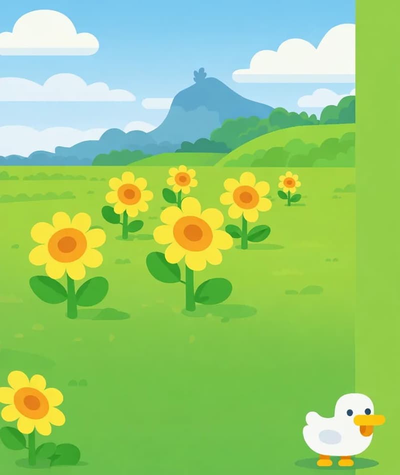 A wide, flat grassy plain stretches across the left side of the image, dotted with bright yellow sunflowers swaying gently in the breeze, their tall stems bending slightly. Rolling green hills and darker tree-covered mountains rise in the background under a blue sky with white clouds. The right side of the image is open plain green grass with no detail, suitable for text overlay. A small white chicken stands in the bottom-right corner of the frame.
