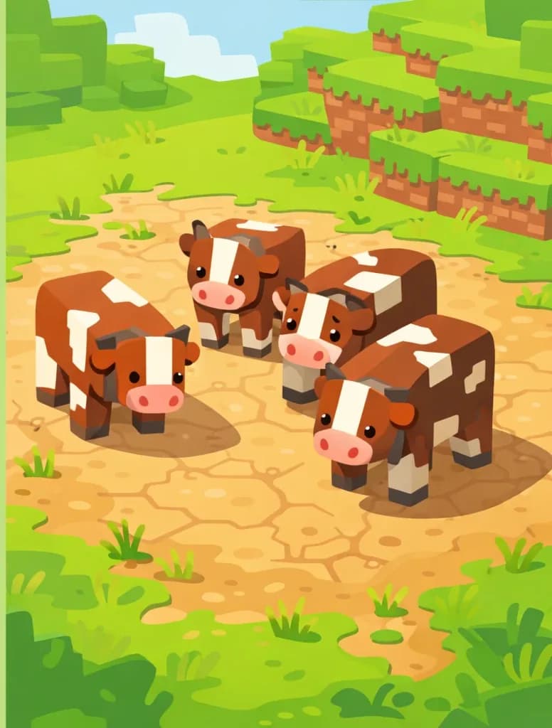 On the right side of the image, several Minecraft-style cows stand on a large patch of dry dirt and dust where the grass has been completely eaten away, surrounded by green blocky terrain. The cows are grouped together, grazing or standing idle on the bare, cracked ground, illustrating overgrazing. Thin patches of dying grass and exposed soil extend outward from where the cows stand. The scene is set outdoors in bright daylight across a grassy hillside landscape rendered in Minecraft's signature pixelated, blocky style.