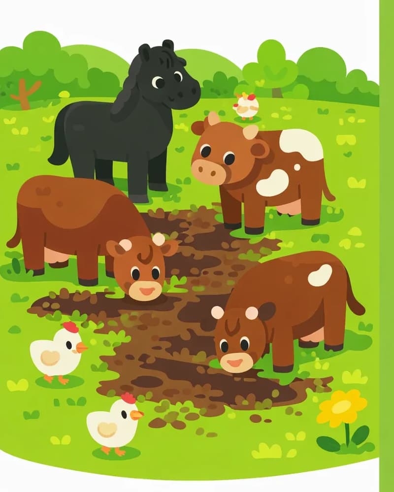 On the left side of the image, a group of horses and cows stand and graze on a green grassy field, their large hooves having churned up visible trails of dark, torn-up earth and mud beneath them. The scene is set outdoors on a bright day with trees and bushes in the background. A few small chickens are scattered around the edges of the scene, and a yellow flower is visible in the lower-right foreground. The right portion of the image is open green grass, providing clear space for text overlay.