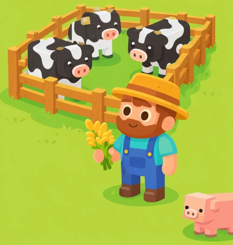 On the right side of the image, a Minecraft-style farmer character stands at a three-quarter angle facing the viewer, in front of a wooden-fenced pen containing several healthy black-and-white cows on a bright, sunny green pasture. The character holds a wheat item in one hand, looking toward the animals in the enclosure with a caring posture. The left side of the image is a plain green background suitable for text overlay. A pink pig stands near the bottom-right corner of the frame.