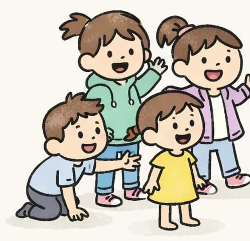 In the lower-left of the image, the children are gathered on a sunny grassy field watching Duck attempt to take flight. Duck is in the center-bottom of the image, wings spread wide and kicking its feet as it lifts off the ground with a wobbly, unsteady motion. Boy crouches low in the bottom-left corner, smiling and gesturing toward Duck with one hand outstretched. Girl in Yellow Dress stands nearby on the grass, looking surprised with wide eyes and mouth slightly open. Tall Girl and Girl stand together at the very bottom-left, both smiling and watching Duck's flight attempt with excitement. The top half of the image is plain bright yellow-green open sky and grass with no characters or detail.
