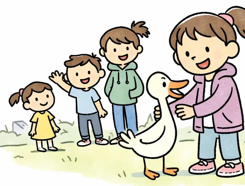 On the right side of the image, Girl stands in the foreground smiling warmly as she gently rubs Duck on the neck, holding the duck close to her. Duck stands beside her looking alert and ready. Behind them in the background, Boy, Tall Girl, and Girl in Yellow Dress are grouped together, watching with excited, cheerful expressions — Boy is waving his arm in the air enthusiastically. The scene is set outdoors on a sunny day in a suburban neighborhood with houses and greenery visible in the background, suggesting a casual race gathering on a grassy area.