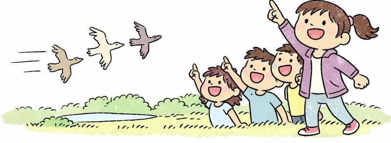 In the lower right of the image, Girl stands with her arm raised high, pointing excitedly at the sky with a wide, thrilled expression on her face. She is surrounded by a crowd of other children who are also looking up and cheering. In the sky on the left side, Duck soars far ahead of a flock of other birds, wings fully extended, zipping past them with speed lines behind it. The other birds trail further back, clearly falling behind Duck. The outdoor scene is set in a bright, sunlit grassy meadow with green bushes, a pond, and trees in the background.