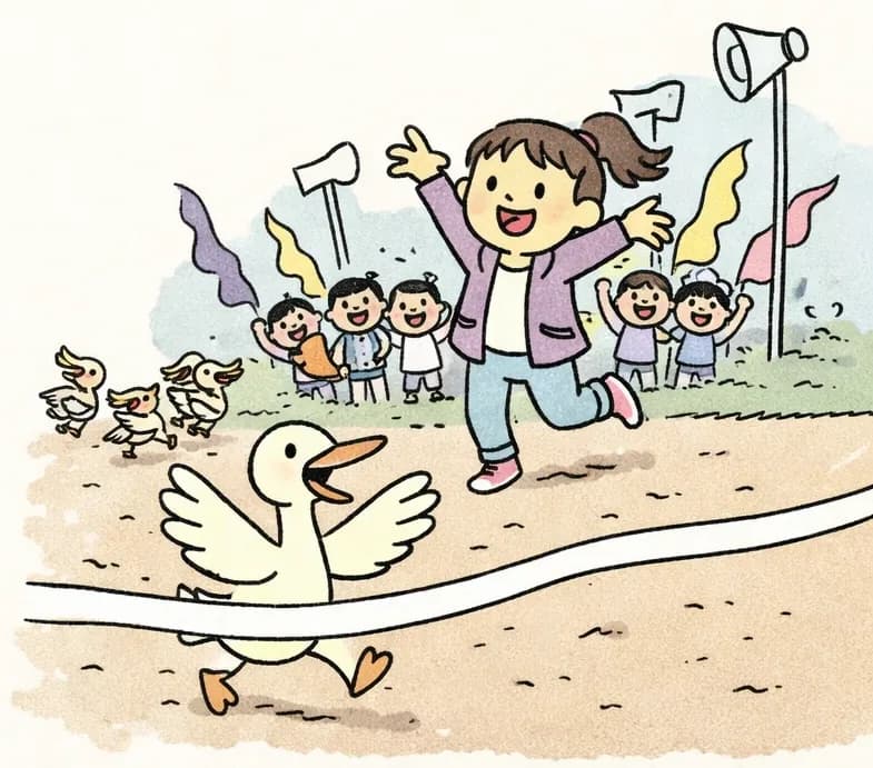 On the right side of the image, Duck crosses a white finish line with wings spread wide, running triumphantly on an outdoor dirt path through a suburban neighborhood on a bright, sunny day. Other racing birds trail behind Duck on the left side of the path, having lost the race. Behind Duck in the center-right, Girl jumps and cheers with arms raised, her mouth wide open in shock and delight, surrounded by a crowd of spectating children and adults waving colorful banners and flags. Megaphone speakers on poles line the route, giving the scene a festive community race-day atmosphere.