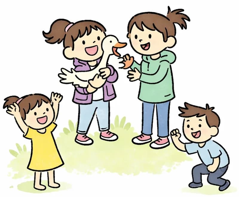 On the left side of the image, Girl stands at center holding Duck in her arms in a tight hug, beaming with a wide, triumphant smile. Tall Girl stands close beside her, laughing and reaching toward Duck with both hands in a congratulatory gesture. In the lower left, Girl in Yellow Dress cheers with one arm raised high, clapping and grinning excitedly, while Boy pumps his fist in celebration with a big smile. The scene is set outdoors among green bushes and warm golden light, suggesting a sunny afternoon. The right ~40% of the image is plain white background.