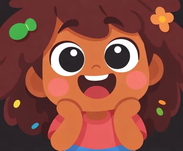 In the lower half of the image, The Girl is shown in a close-up view, beaming with a wide, joyful smile and rosy cheeks, looking directly at the viewer. Her voluminous hair fills much of the frame, with small colorful accessories (green and orange) scattered through it. The top portion of the image is a plain dark background, leaving space for text.