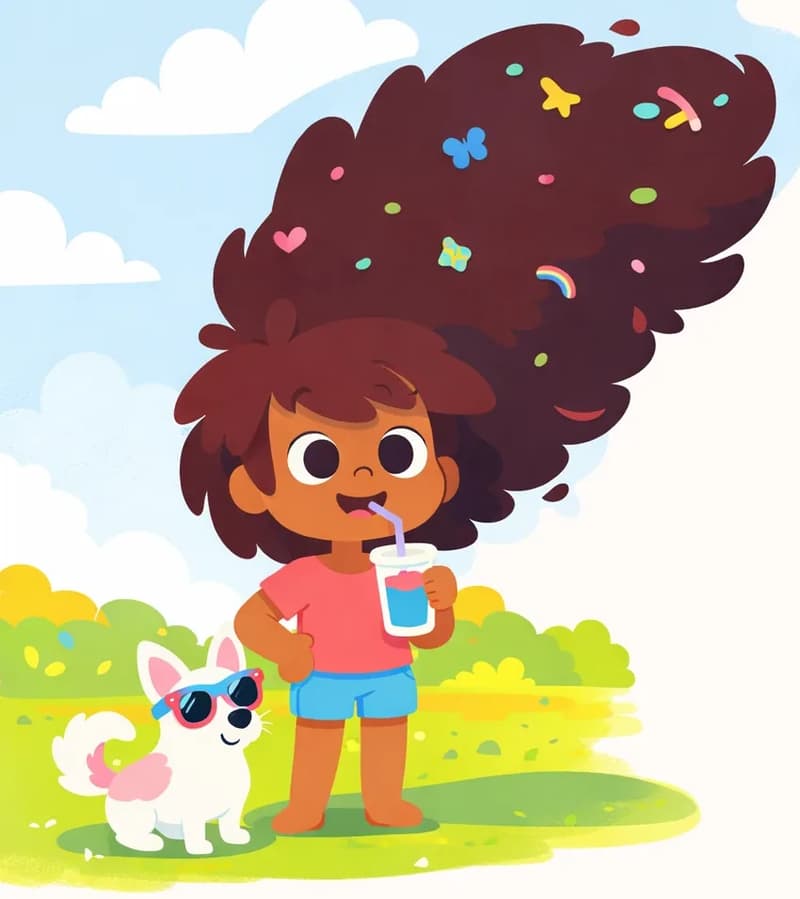 On the left side of the image, The Girl stands outdoors on a sunny summer day, smiling confidently and sipping a cool drink with a straw while her enormous, voluminous hair is swept up high off her neck, billowing dramatically upward and to the right, with colorful clips and decorations scattered through it. The Dog sits beside her on the left, wearing sunglasses and looking up at her. The background is a bright, warm outdoor scene with yellow-green foliage and a light blue sky with white clouds, and a large shadow is cast on the ground from The Girl's hair. The right side of the image is open sky and plain background.