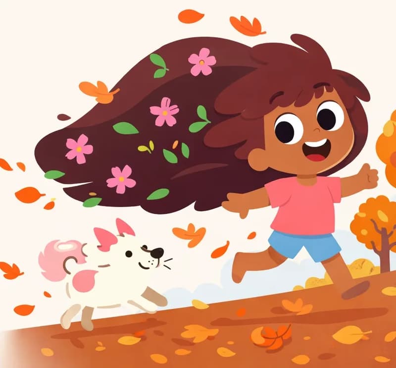 On the right side of the image, The Girl is running joyfully to the right, mid-stride with one foot off the ground, her face turned toward the viewer at a three-quarter angle with a broad smile. Her long hair flows dramatically behind her like a massive wave, stretching across much of the image, filled with pink flowers and green leaves. The Dog is running along below and behind her hair on the left-center, small and energetic. The outdoor autumn scene features orange and red foliage on the trees, with fallen leaves scattered on the brown ground and drifting through the air.
