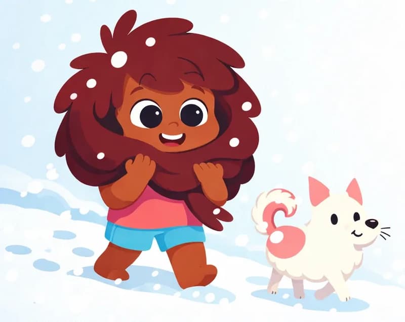 On the left side of the image, The Girl is walking through a snowy winter scene, smiling cozily as she wraps her voluminous hair around her face and shoulders like a scarf, holding it close with her hands. The Dog trots alongside her to the right, braving the cold. Small snowflakes fall around them against a wintry, pale blue-white outdoor backdrop. The right side of the image is open, plain background.