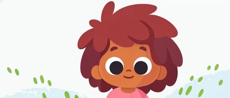 In the lower-right portion of the image, The Girl is shown from roughly the eyes up, looking downward with a calm, slightly wistful expression, her short curly hair visible — reflecting the text about having cut it short. In the upper-left corner, The Dog peeks into the frame from above, tongue out playfully. The background is a soft, light outdoor setting with scattered green grass strokes and a pale blue sky, with the top half of the image left mostly as plain background space.